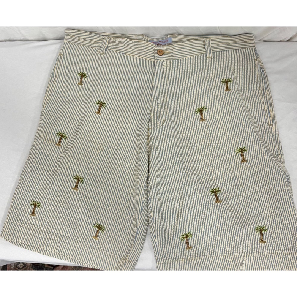 BARRY BRICKEN Men's Seersucker Striped Short w/Palm Trees Blue/White Size 34
